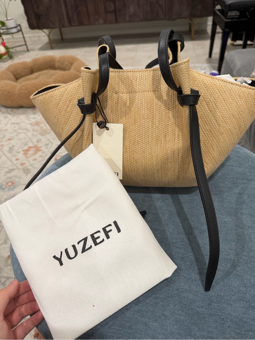 Yuzefi Rafia Mochi Bag Tote in Tan with Black Leather Straps